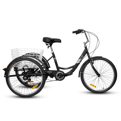 Hycline Ecarpat 24-inch 7-speed adult tricycle with sturdy frame, comfortable seat, and three wheels for stable riding.