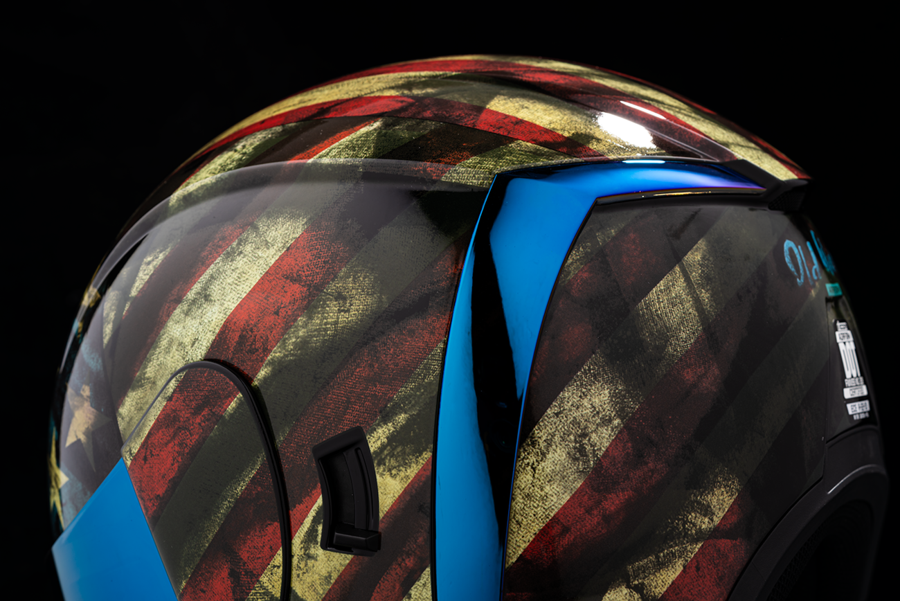 ICON Airform™ Helmet Old Glory in medium size, featuring a patriotic red, white, and blue design, by Bill's Exhausts.