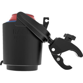 RAM MOUNTS Tough-Claw™ mount with Level Cup™ drink holder, featuring sturdy clamp and adjustable design for vehicles and trucks.