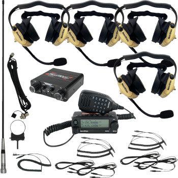 Bill's Exhausts NAVATLAS 4-Seat Intercom/Radio and Headset Kit in beige, showing four headsets and radio unit for communication.