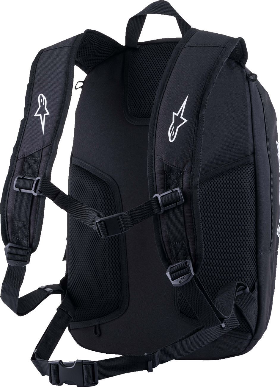 Alpinestars Charger V2 backpack with multiple compartments and padded straps, designed for motorcycle gear storage and travel.