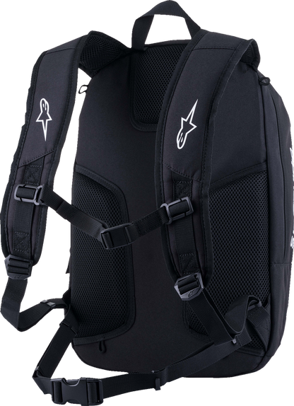 Alpinestars Charger V2 backpack with multiple compartments and padded straps, designed for motorcycle gear storage and travel.