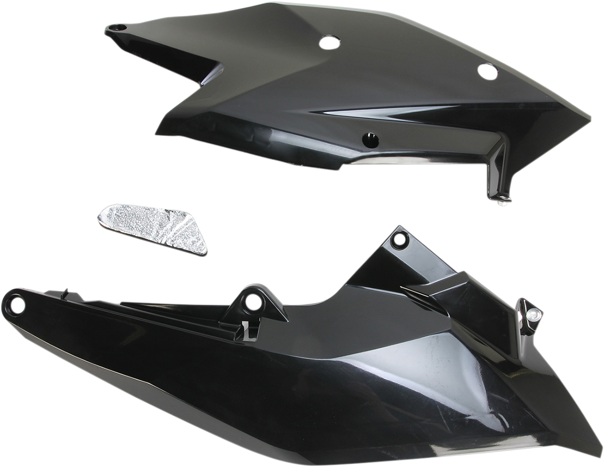 Acerbis black side panels for motorcycle body, designed for durability and style, shown on a clean surface.