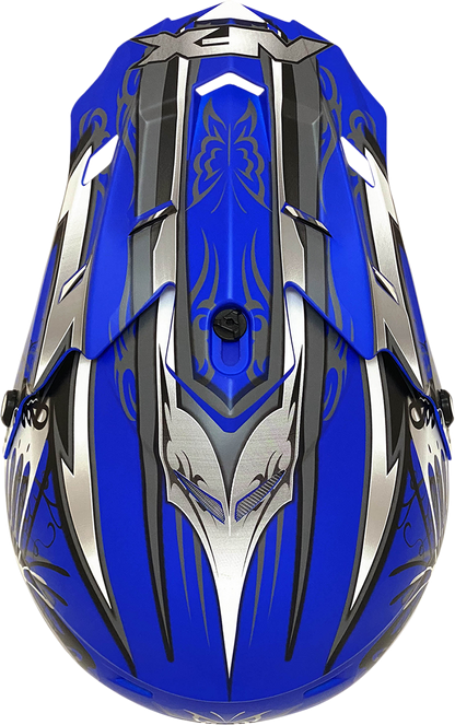 Blue matte butterfly helmet from AFX FX-17Y with medium size, featuring a sleek helmet design and secure chin strap.