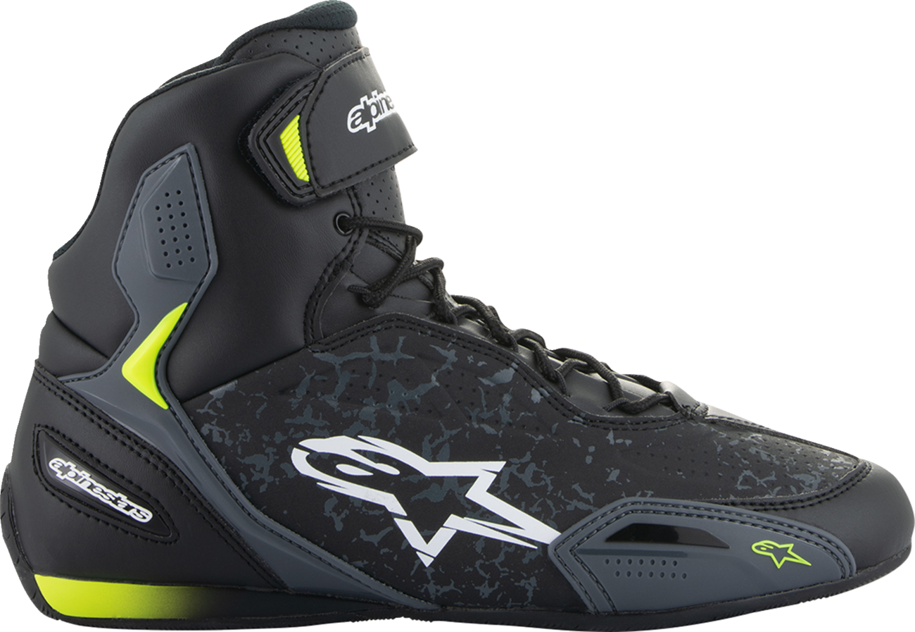 Alpinestars Faster-3 motorcycle shoes in black and yellow, US size 13, with protective design and sporty appearance.