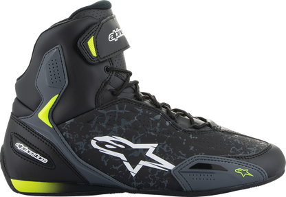 Alpinestars Faster-3 motorcycle shoes in black and yellow, US size 13, with protective design and sporty appearance.