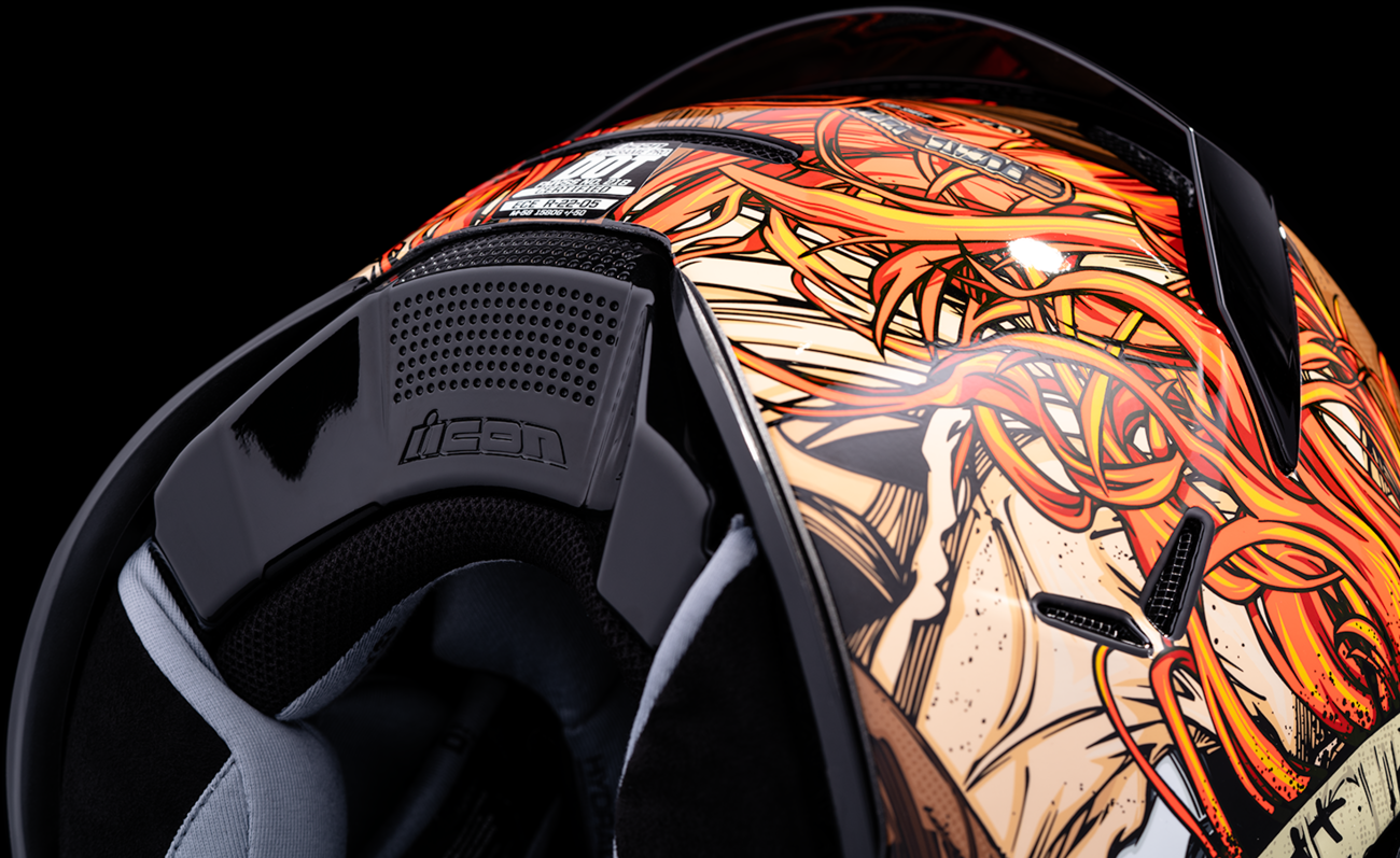 Red ICON Airframe Pro helmet in 2XL size with Topshelf design, featuring sleek aerodynamic shape and clear visor.