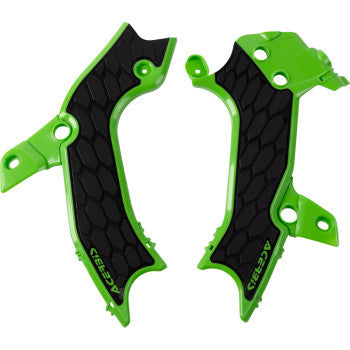 Acerbis X-Grip green and black frame guards for KX 450 2024 motocross bike, mounted on the motorcycle frame.