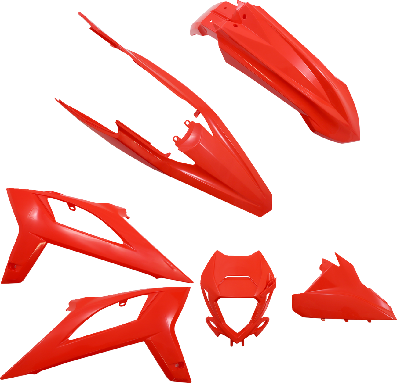 A red Acerbis full replacement body kit for motorcycles, featuring sleek, aerodynamic panels and detailed design elements.