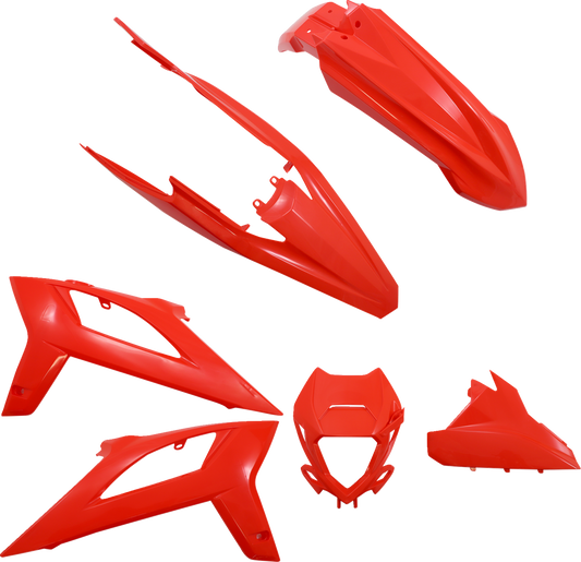 A red Acerbis full replacement body kit for motorcycles, featuring sleek, aerodynamic panels and detailed design elements.