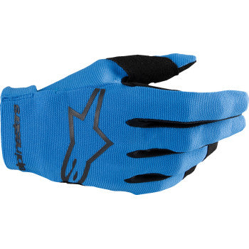 Alpinestars Radar MX gloves in blue and black, small size, showing padded knuckles and flexible material for motocross riding.