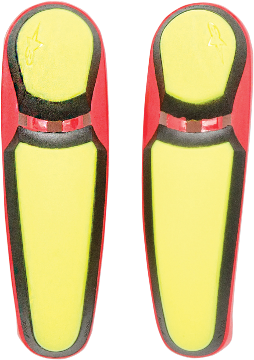 Alpinestars yellow and red toe sliders for motorcycle boots, part of Bill's Exhausts motorcycle gear accessories.