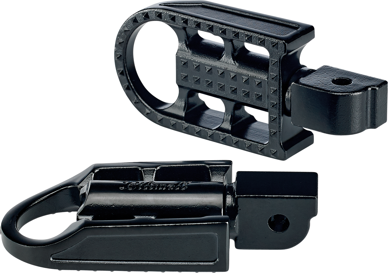 Black electroplated BILTWELL Mushman footpegs for motorcycles, standard size, with textured surface for grip.