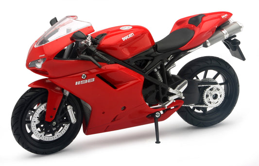 Red NEW-RAY Ducati 1198 1:12 scale sport bike toy, detailed model part 57143A with realistic features and vibrant color.