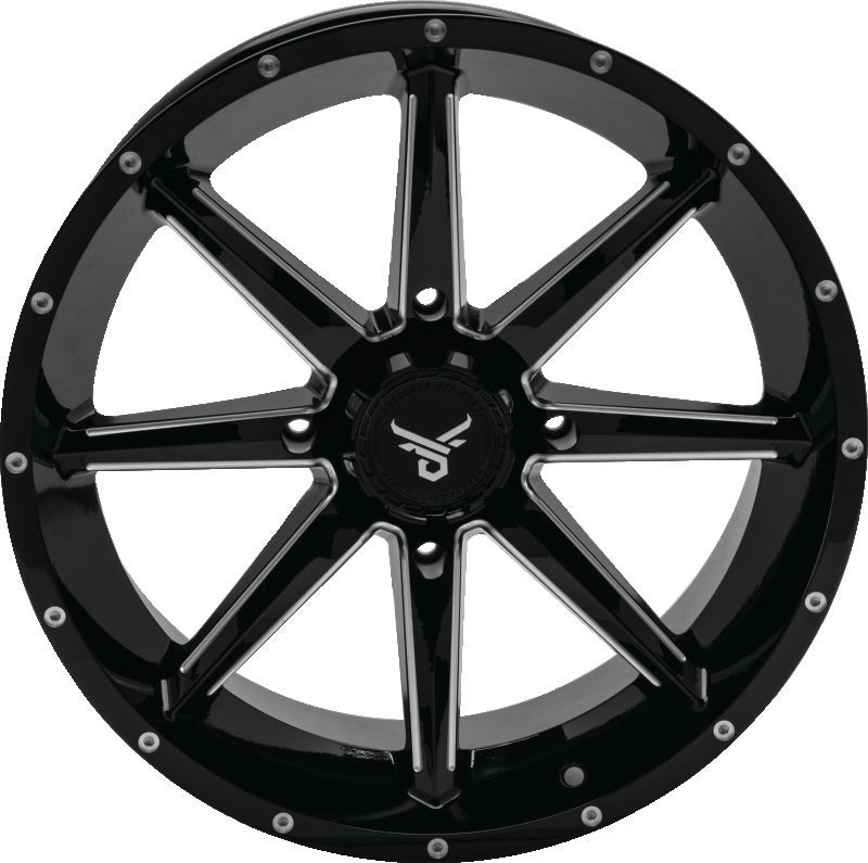 QuadBoss Slicer 18x7 powersports wheel with 4/137 bolt pattern and limited edition QuadBoss Bull logo center caps.