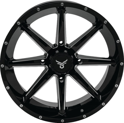 QuadBoss Slicer 18x7 powersports wheel with 4/137 bolt pattern and limited edition QuadBoss Bull logo center caps.