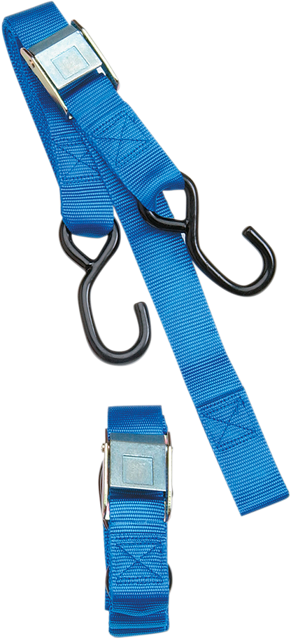 Blue Parts Unlimited heavy-duty cam buckle tie-down strap, 1.5 inch x 6 ft with built-in assist for secure cargo fastening.