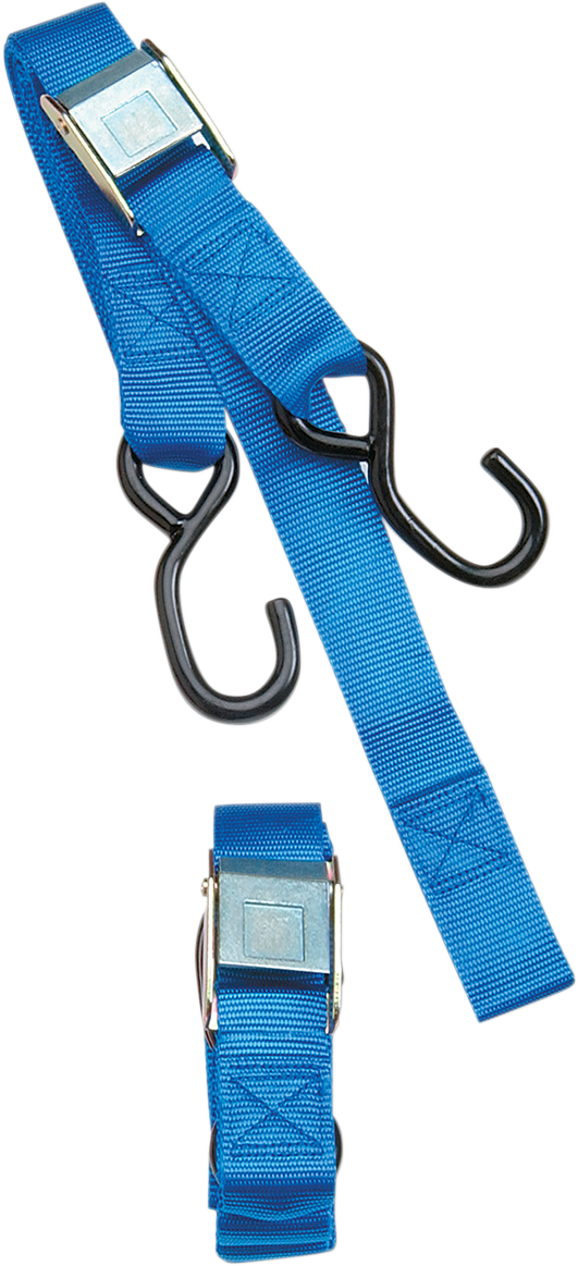 Blue Parts Unlimited heavy-duty cam buckle tie-down strap, 1.5 inch x 6 ft with built-in assist for secure cargo fastening.