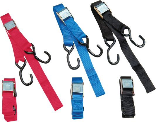 Black heavy-duty cam buckle tie-down strap by PARTS UNLIMITED, 1.5 inch by 6 feet with built-in assist for secure fastening.
