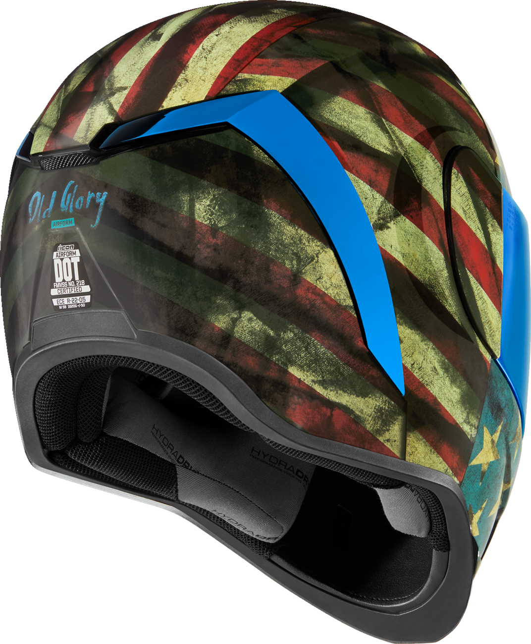 Bill's Exhausts ICON Airform™ Helmet in Old Glory design, XL size, showing the colorful patriotic helmet with adjustable strap.