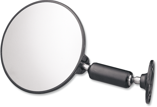 Adjustable round black rear view mirror by PARTS UNLIMITED, mounted on a vehicle with a sleek black finish.