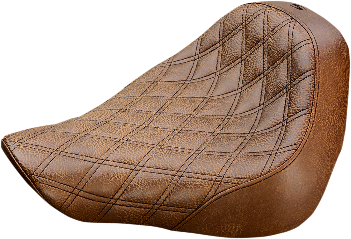 Brown SADDLEMEN Renegade Solo Seat with lattice stitching, designed for motorcycle comfort and style.