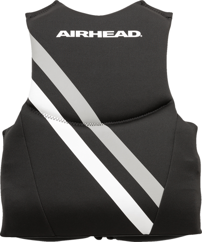 Black and white AIRHEAD SPORTS GROUP youth Orca vest for water activities, featuring adjustable straps and buoyant foam.