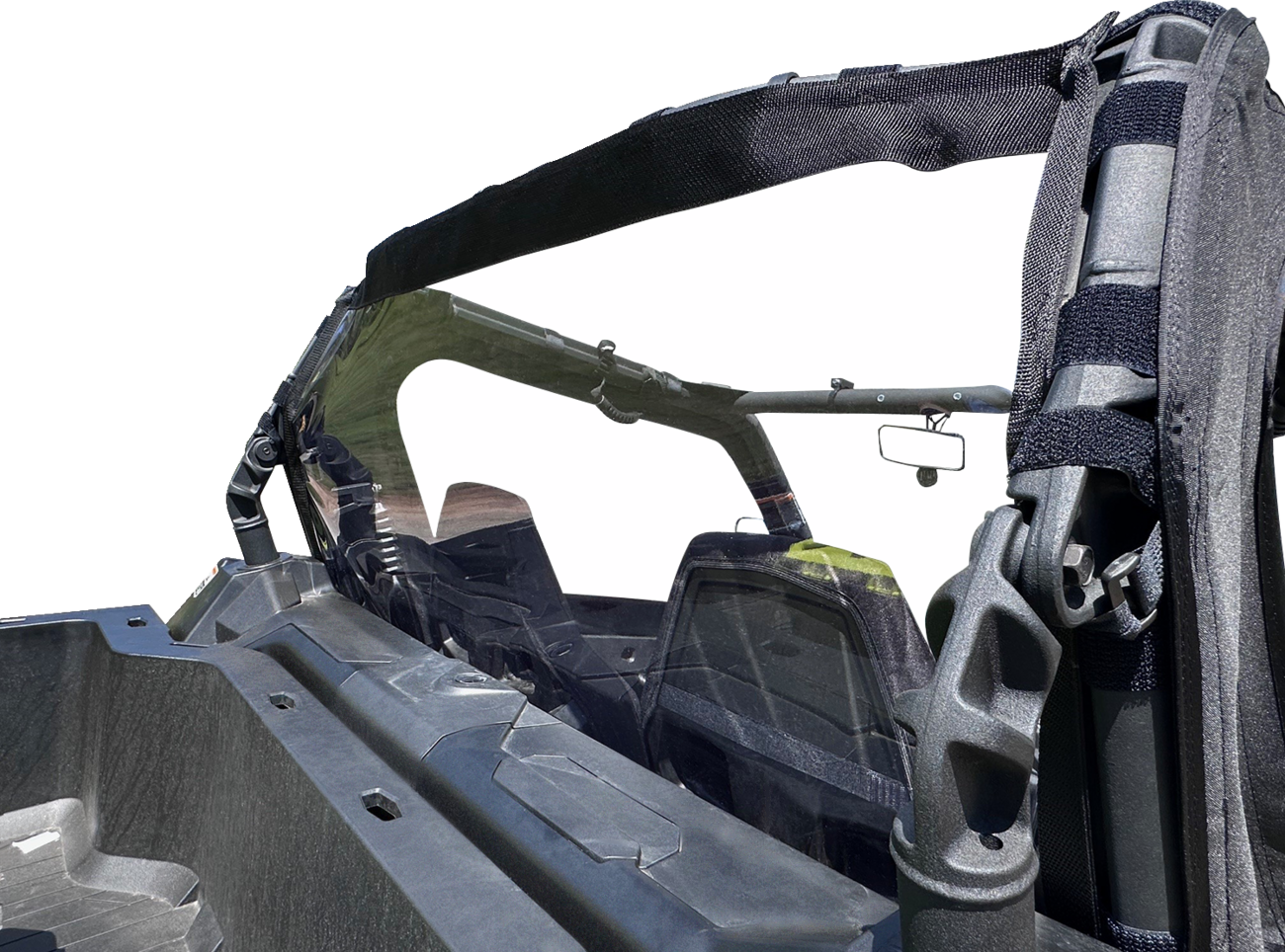 Moose Offroad rear windscreen for Commander and Maverick side-by-side vehicles, made of durable material for off-road protection.