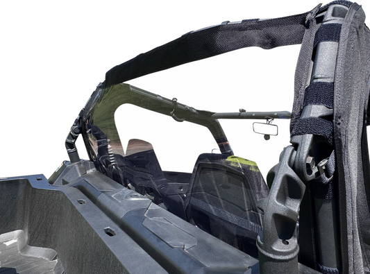 Moose Offroad rear windscreen for Commander and Maverick side-by-side vehicles, made of durable material for off-road protection.