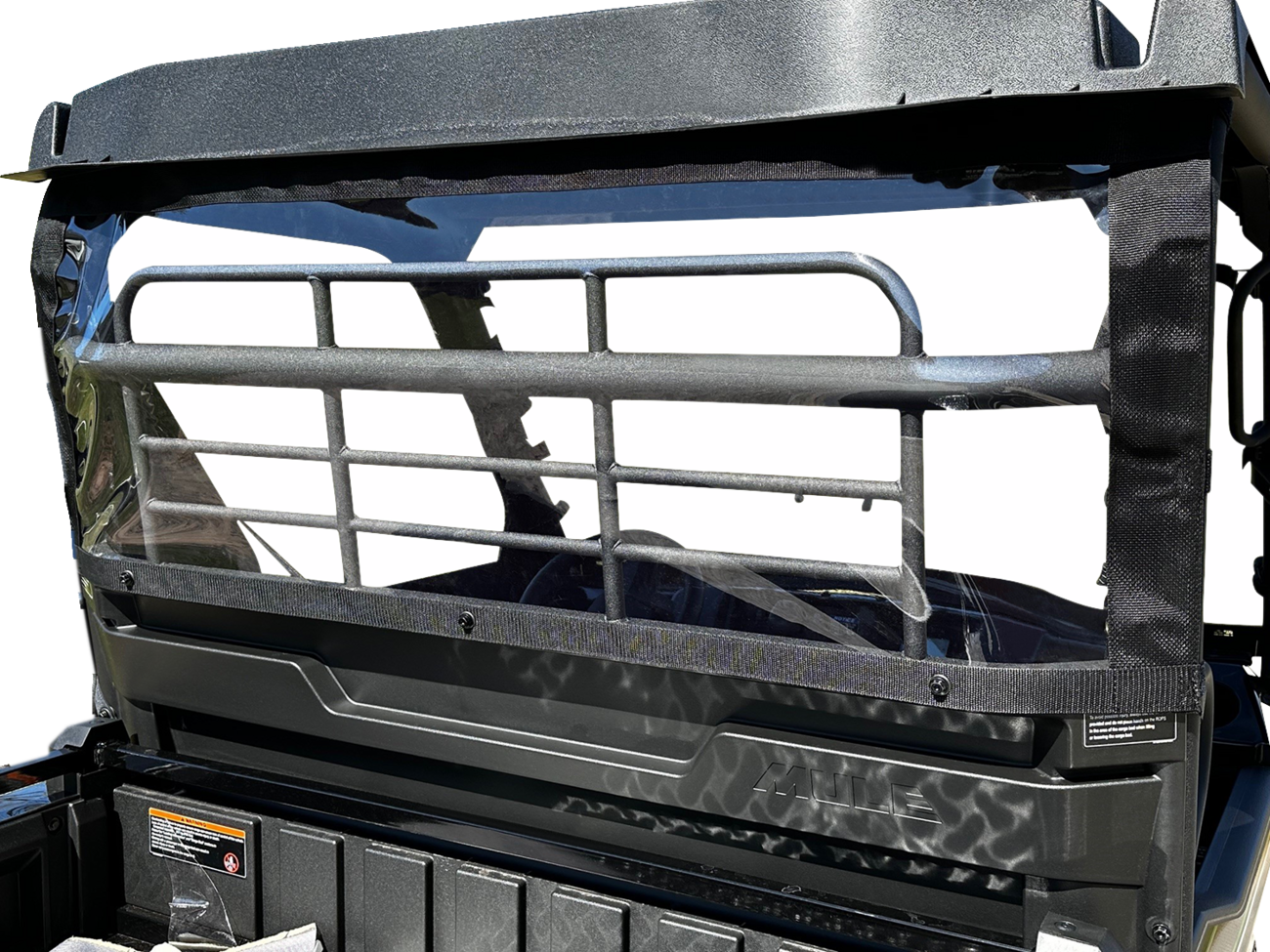 Moose Offroad rear windscreen for Mule Pro MX off-road utility vehicle, clear plastic with mounting frame.