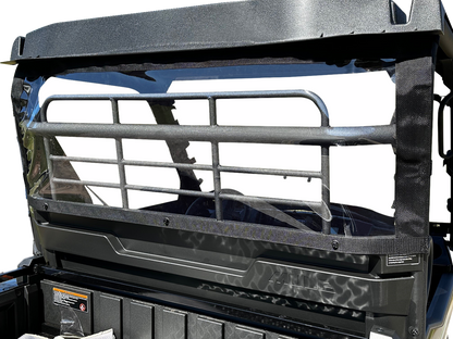 Moose Offroad rear windscreen for Mule Pro MX off-road utility vehicle, clear plastic with mounting frame.