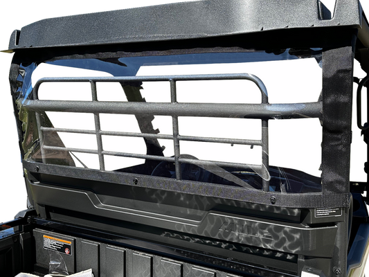 Moose Offroad rear windscreen for Mule Pro MX off-road utility vehicle, clear plastic with mounting frame.