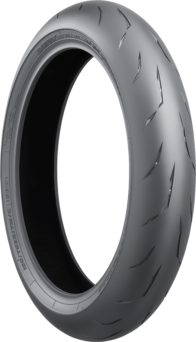 Bridgestone Battlax RS10 racing street front tire 120/70ZR17 high-performance sport radial with tread pattern and sidewall branding