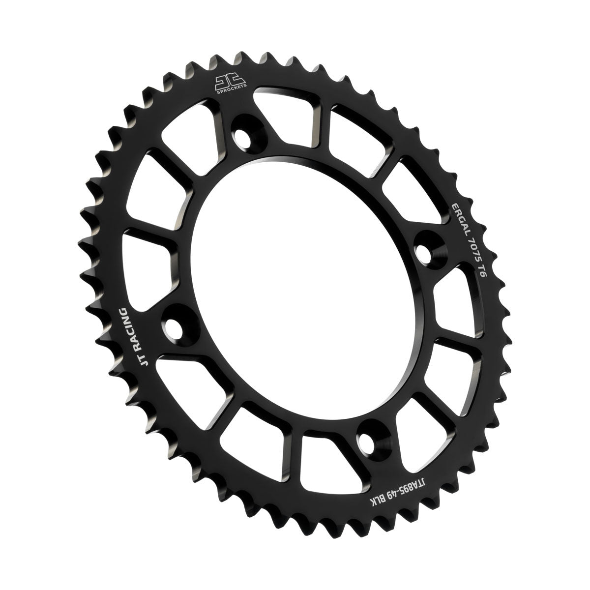 JT RaceLite 49-tooth aluminum rear sprocket for Husqvarna and KTM bikes, featuring durable black finish and precision design.