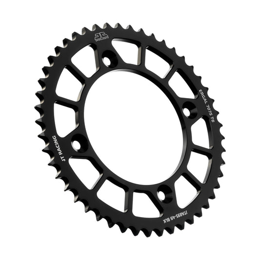 JT RaceLite 49-tooth aluminum rear sprocket for Husqvarna and KTM bikes, featuring durable black finish and precision design.