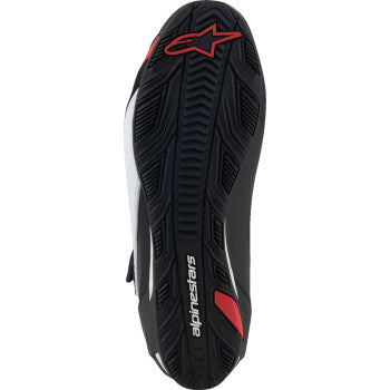 Alpinestars Faster-4 motorcycle shoes in black, white, and red with US 11.5 size, featuring sporty design and protective details.