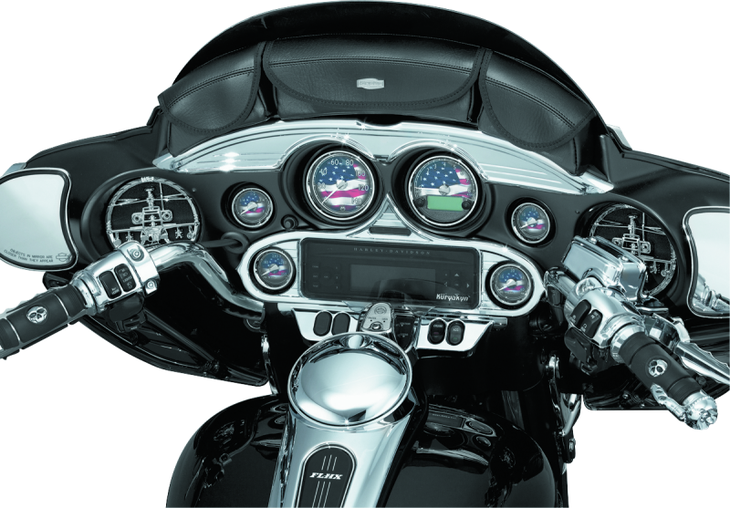 Kuryakyn Stereo Accent in chrome for 1996-2013 Harley-Davidson FL Touring models, showcasing the shiny, contoured motorcycle accessory.