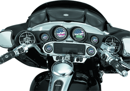 Kuryakyn Stereo Accent in chrome for 1996-2013 Harley-Davidson FL Touring models, showcasing the shiny, contoured motorcycle accessory.