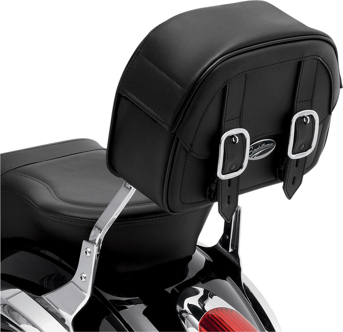 Bill's Exhausts SADDLEMEN Large Drifter Sissy Bar Bag on motorcycle seat, showing durable design and spacious storage capacity.
