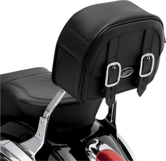 Bill's Exhausts SADDLEMEN Large Drifter Sissy Bar Bag on motorcycle seat, showing durable design and spacious storage capacity.