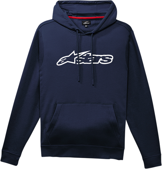 Navy and white ALPINESTARS Blaze Hoodie in medium size, featuring the brand logo and casual fit, displayed on a plain background.
