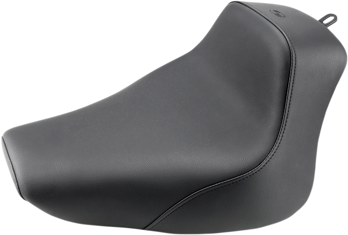 Black Saddlemens Heels Down Solo Seat without backrest, plain design, for motorcycle riding, by Bill's Exhausts.