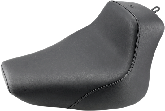 Black Saddlemens Heels Down Solo Seat without backrest, plain design, for motorcycle riding, by Bill's Exhausts.
