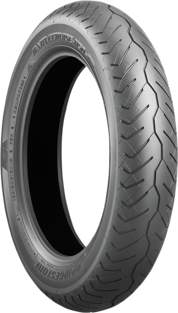 BRIDGESTONE Battlecruise H50 front motorcycle tire 120/70ZR19 for American V-Twin bikes, featuring tread pattern and sidewall details.