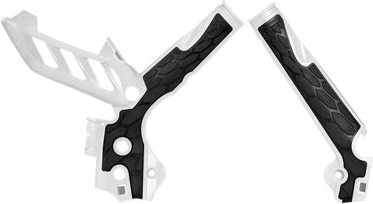 A close-up of ACERBIS X-Grip frame guards in white and black for NF 16 SXF or 125/150SX motocross bikes.