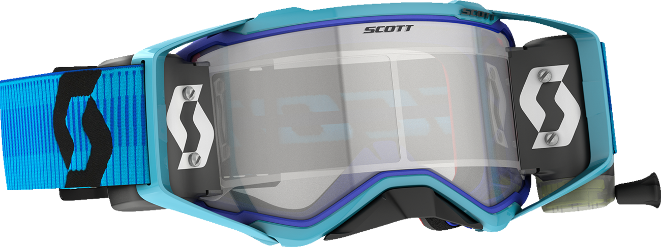 Scott Prospect WFS goggles in blue and black with clear lenses, designed for engine protection and visibility.