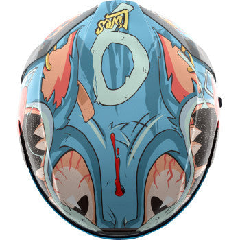 Blue ICON Airform™ Helmet in XS size with 9 Lives design, featuring a sleek aerodynamic shape and chin strap for motorcycle safety.