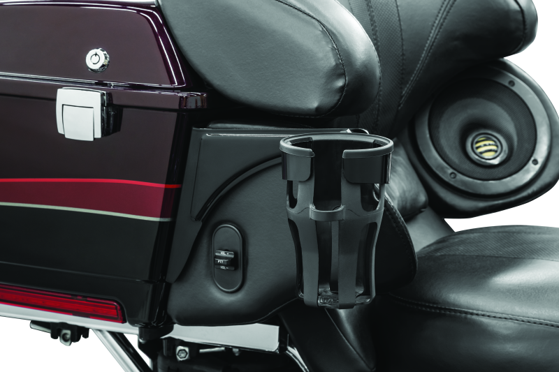 Kuryakyn Reflex Drink Holder right side for Harley Touring models in gloss black, mounted on motorcycle handlebar.