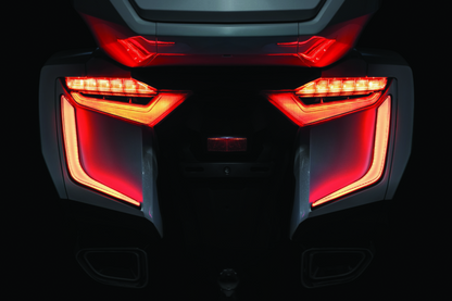 Kuryakyn Omni LED rear bag accents on a Honda GL1800 Gold Wing motorcycle, showcasing sleek LED lighting details.