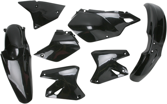 A black Acerbis standard replacement body kit for DR-Z 400 and KLX 400 motorcycles, showing front and side panels.
